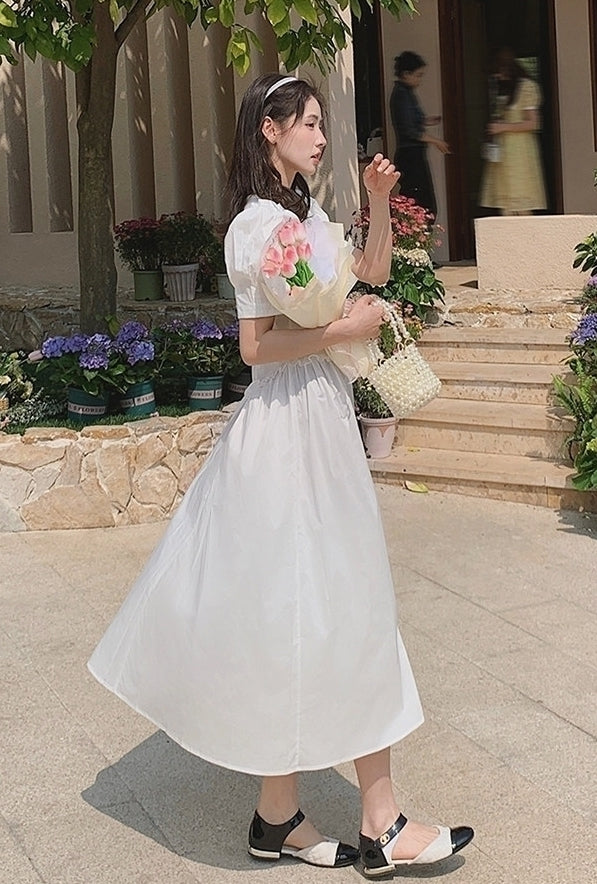 French Vintage Puff Sleeve Sweetheart Waist Slimming Maxi Dress