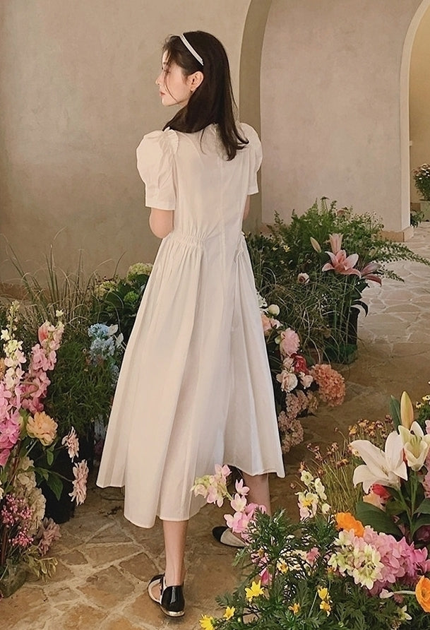 French Vintage Puff Sleeve Sweetheart Waist Slimming Maxi Dress