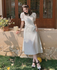 French Vintage Puff Sleeve Sweetheart Waist Slimming Maxi Dress