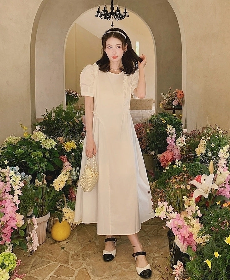 French Vintage Puff Sleeve Sweetheart Waist Slimming Maxi Dress