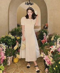 French Vintage Puff Sleeve Sweetheart Waist Slimming Maxi Dress