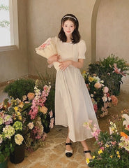 French Vintage Puff Sleeve Sweetheart Waist Slimming Maxi Dress
