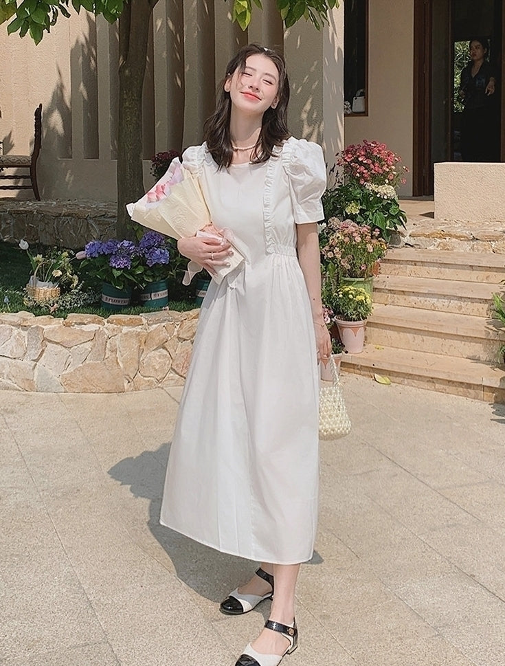 French Vintage Puff Sleeve Sweetheart Waist Slimming Maxi Dress