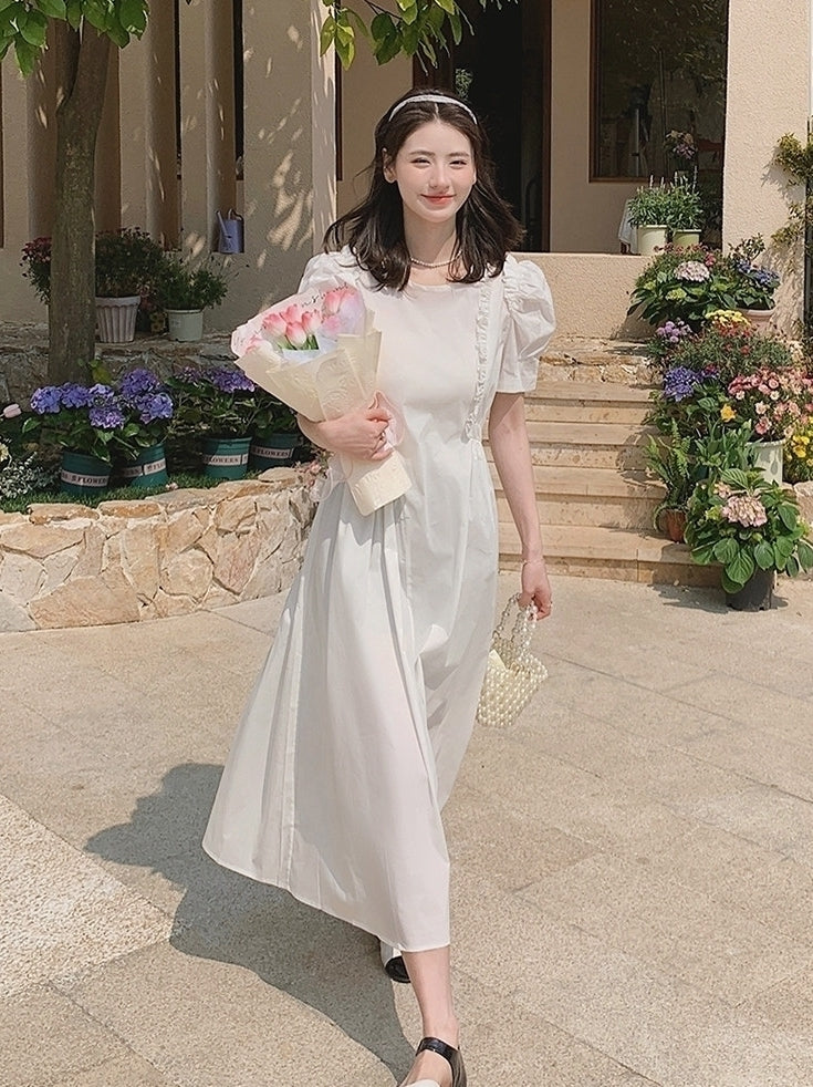 French Vintage Puff Sleeve Sweetheart Waist Slimming Maxi Dress