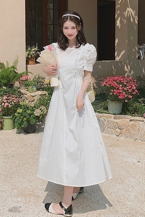 French Vintage Puff Sleeve Sweetheart Waist Slimming Maxi Dress
