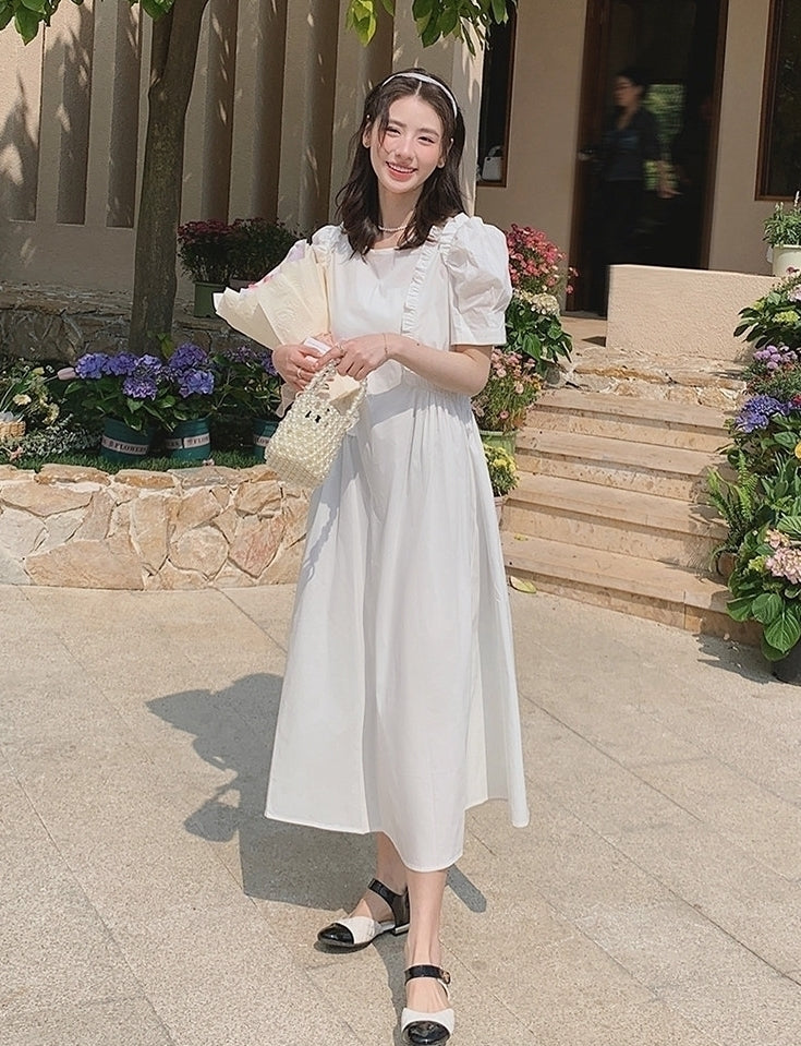 French Vintage Puff Sleeve Sweetheart Waist Slimming Maxi Dress