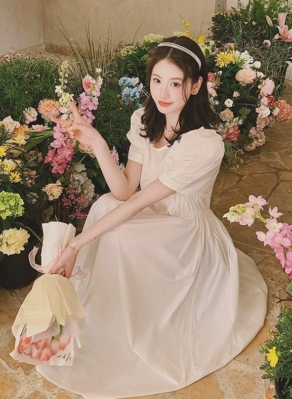 French Vintage Puff Sleeve Sweetheart Waist Slimming Maxi Dress