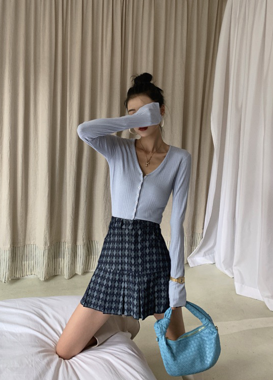 Blue Argyle Pleated Denim Skirt