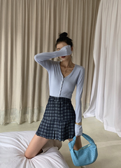 Blue Argyle Pleated Denim Skirt