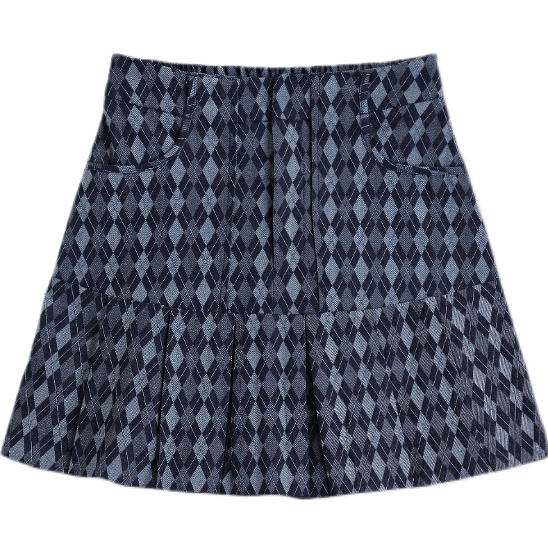 Blue Argyle Pleated Denim Skirt