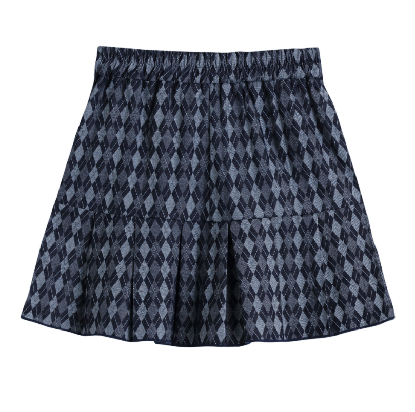 Blue Argyle Pleated Denim Skirt