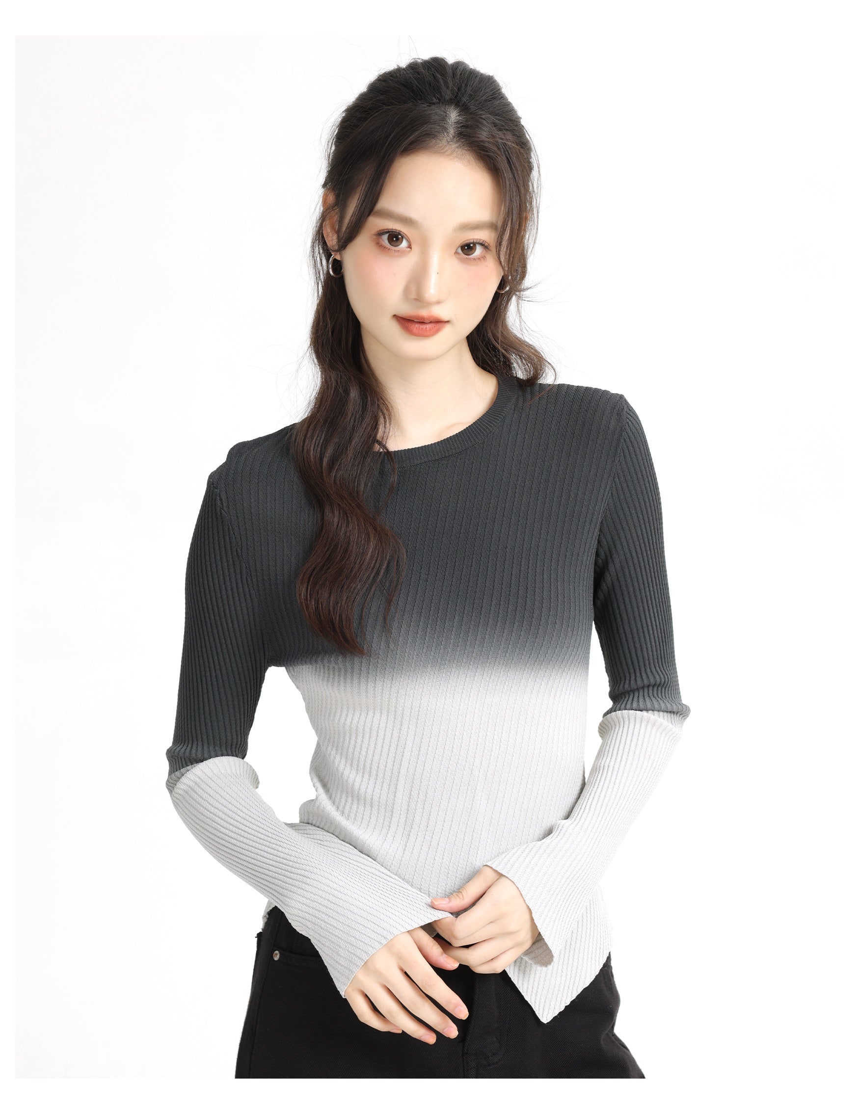 Black Gradient Color Round Neck Knit Sweater