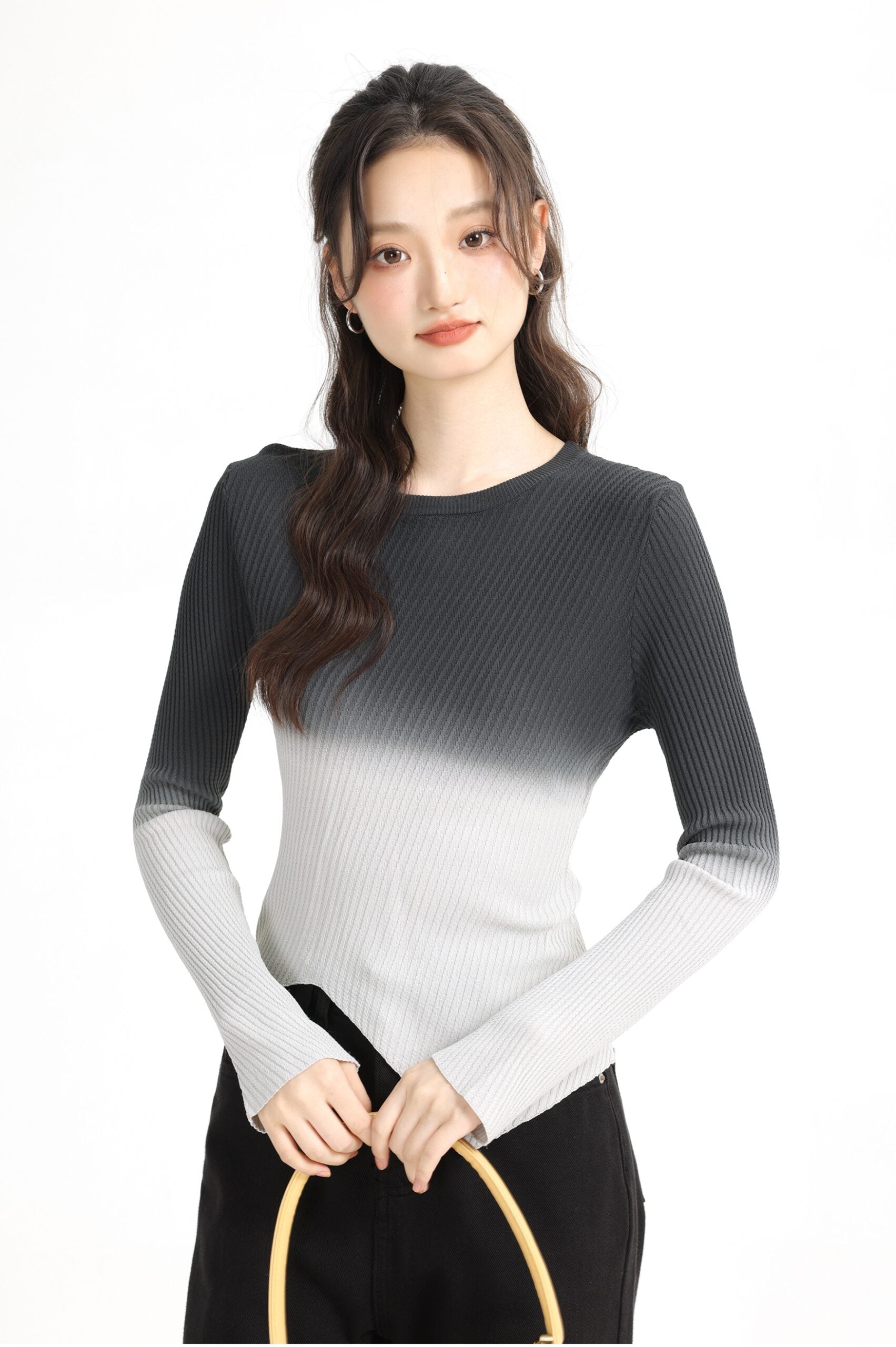 Black Gradient Color Round Neck Knit Sweater