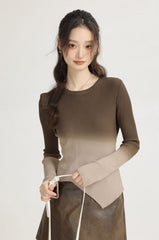 Brown Gradient Knit Sweater With Irregular Hem