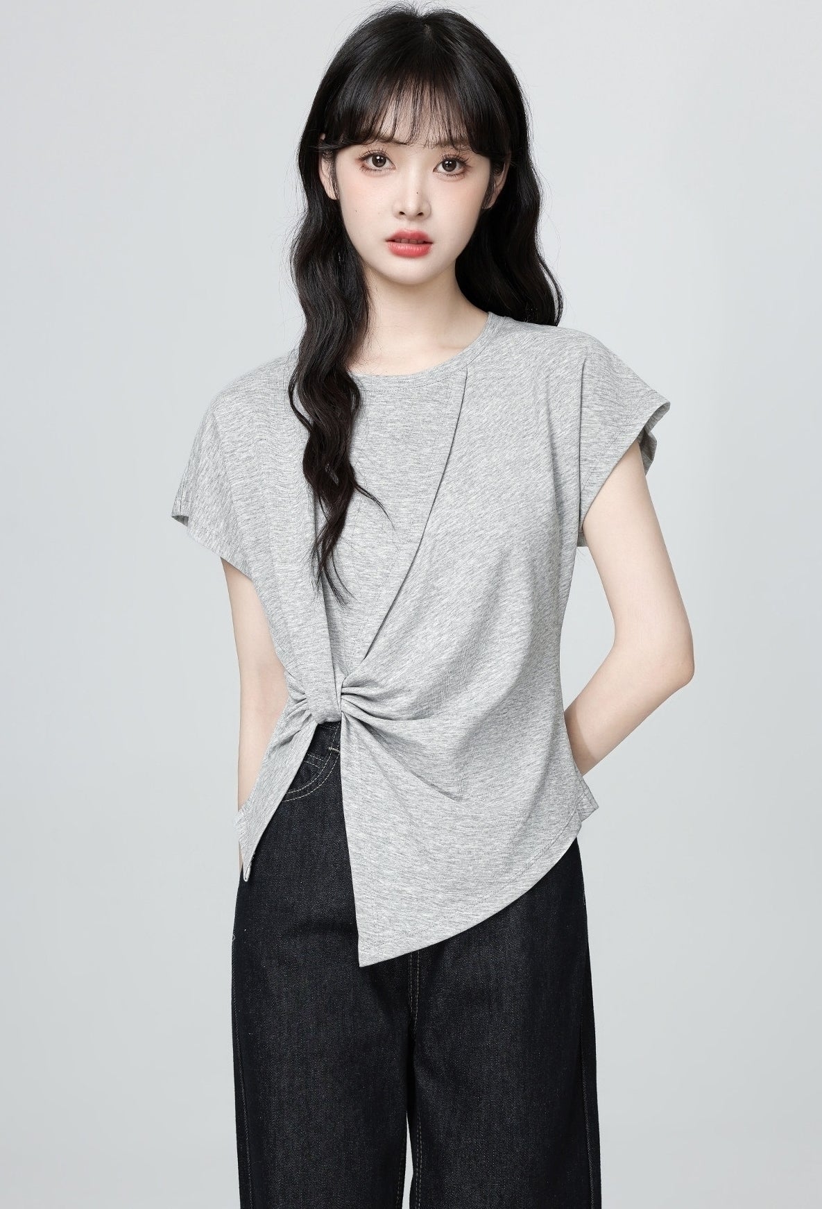Gray Asymmetrical Split Sleeve T Shirt Top