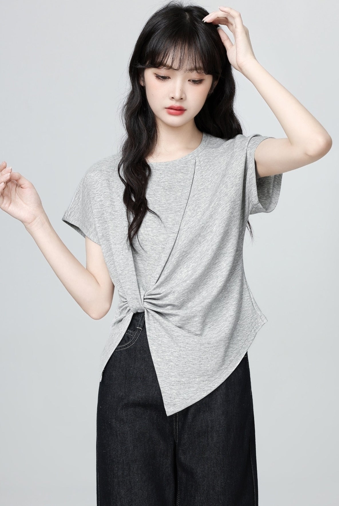 Gray Asymmetrical Split Sleeve T Shirt Top
