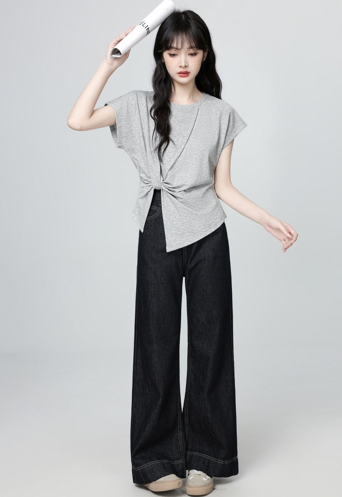 Gray Asymmetrical Split Sleeve T Shirt Top