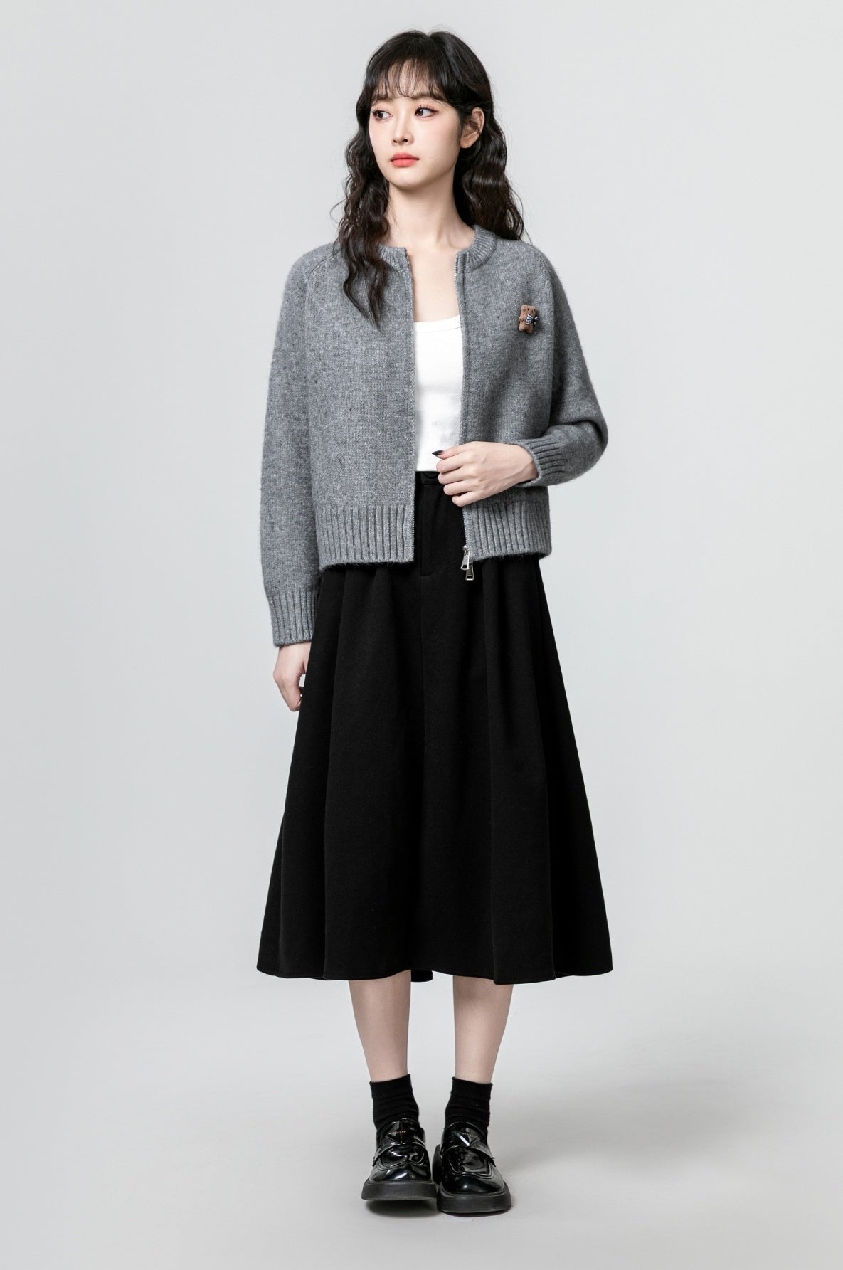 Gray Bear Knit Zip Cardigan Sweater