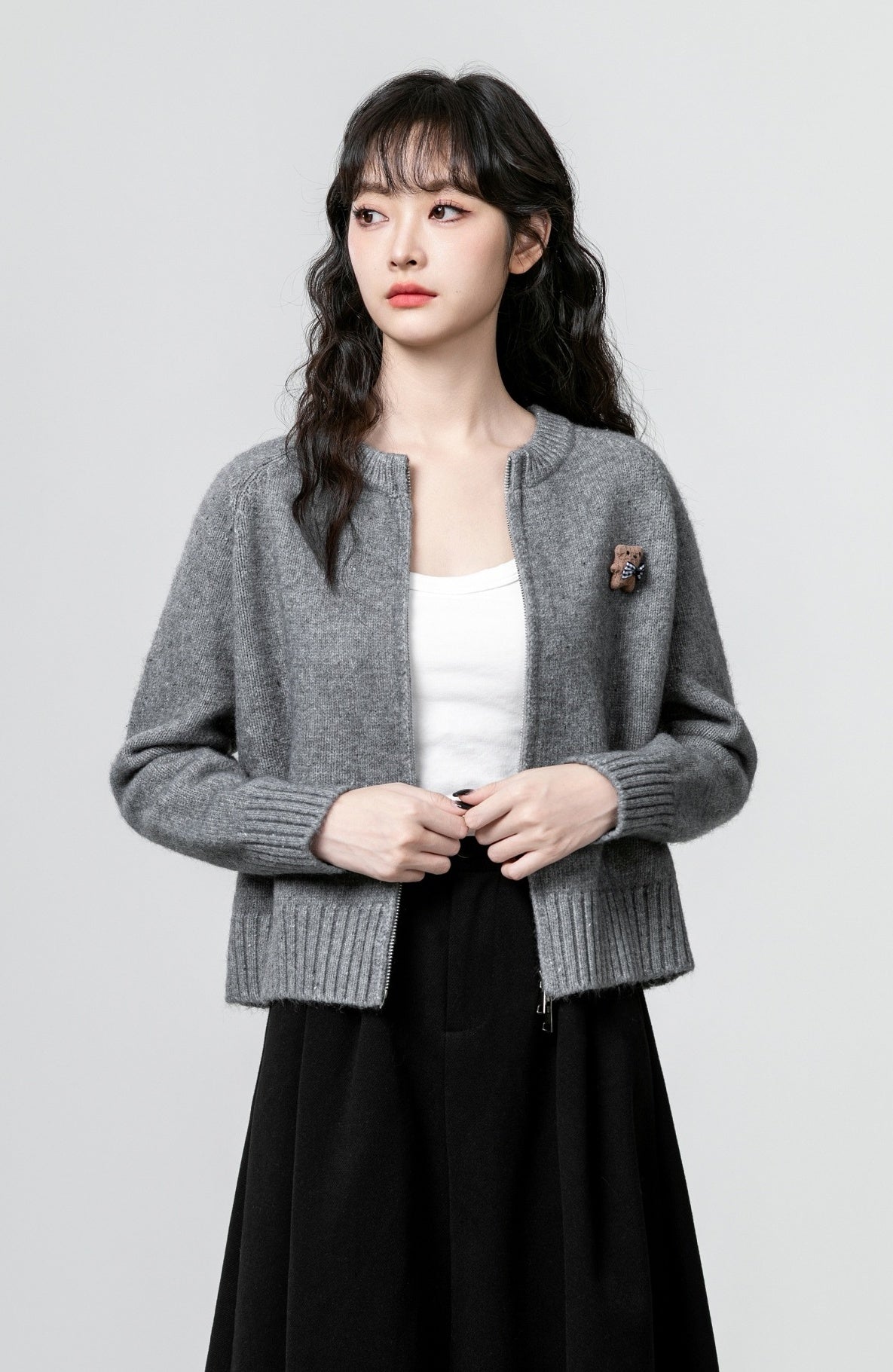 Gray Bear Knit Zip Cardigan Sweater