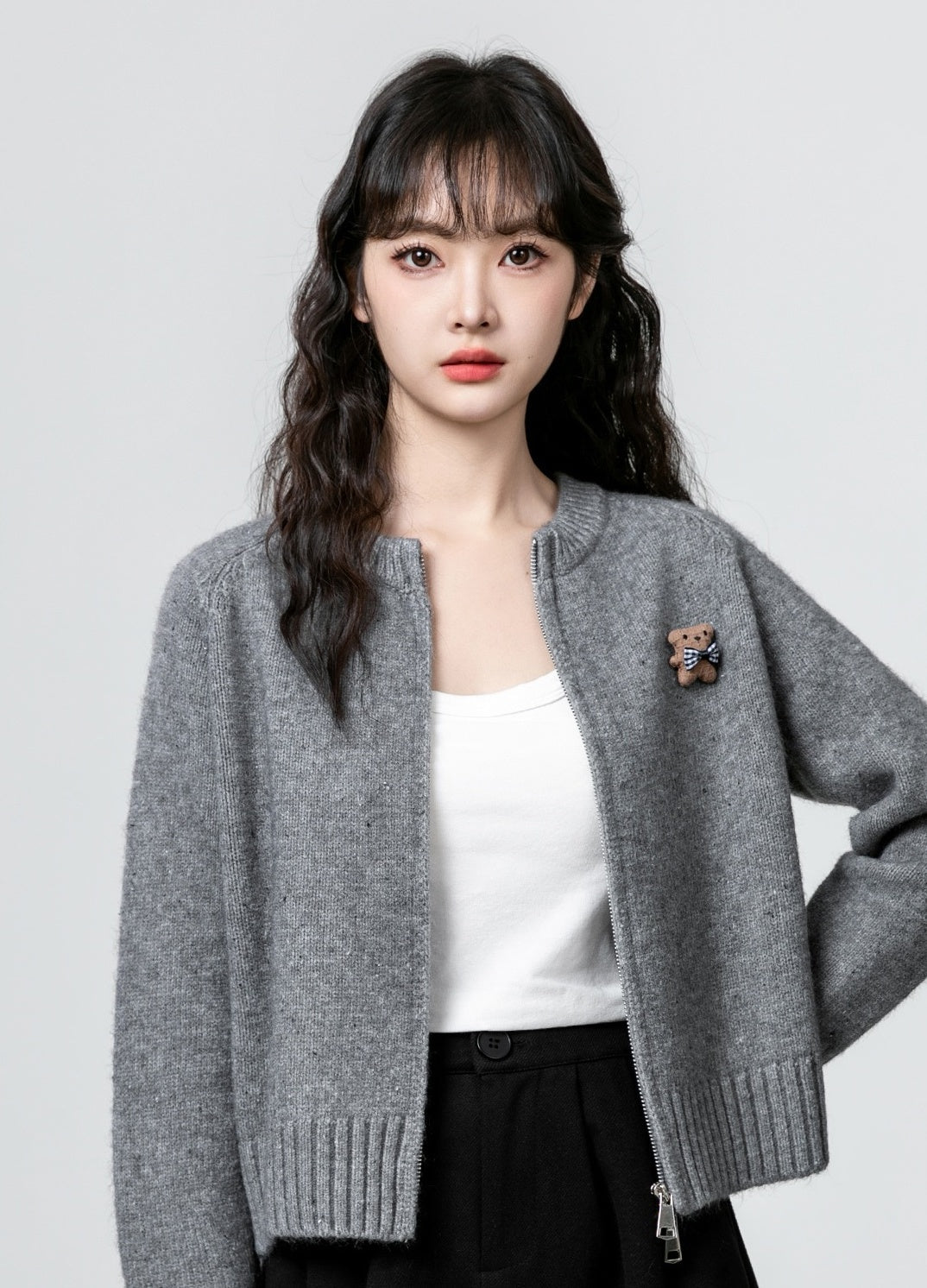 Gray Bear Knit Zip Cardigan Sweater