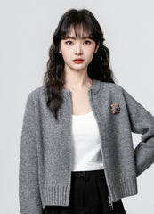 Gray Bear Knit Zip Cardigan Sweater