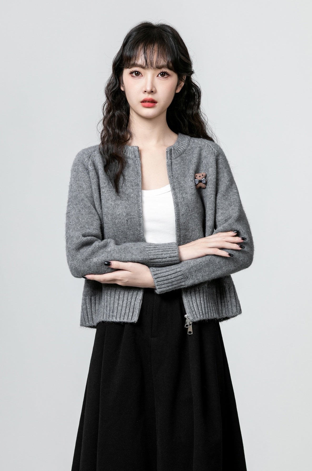 Gray Bear Knit Zip Cardigan Sweater