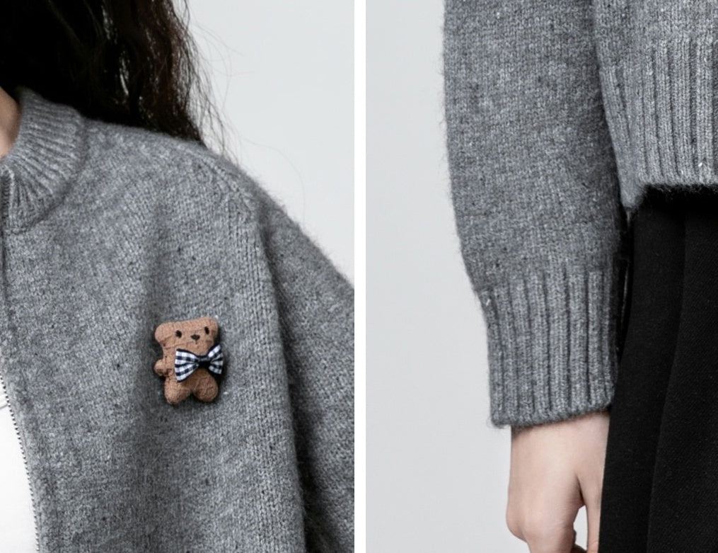 Gray Bear Knit Zip Cardigan Sweater
