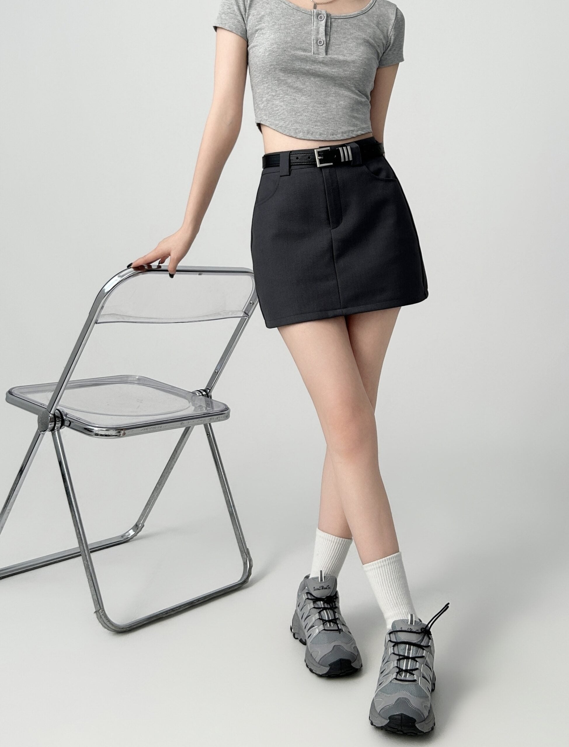 Gray Blazer Style Mini Skirt For Curvy Shape