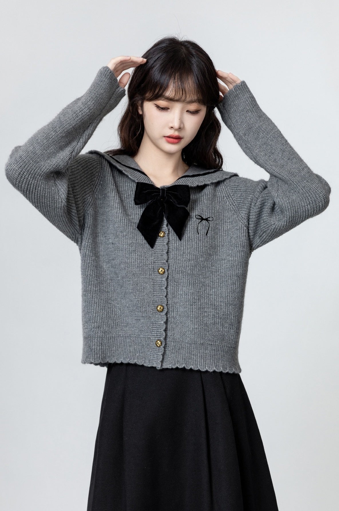 Gray Bow Knit Cardigan Sweater