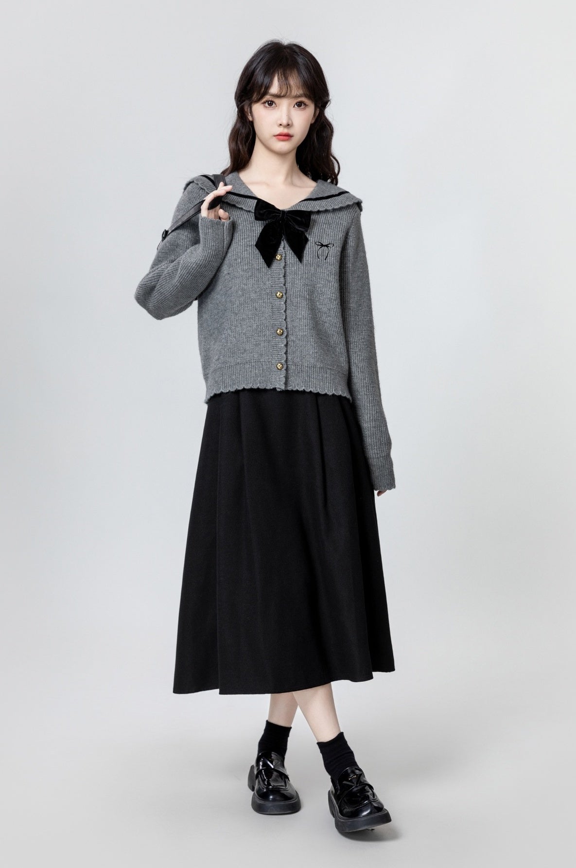 Gray Bow Knit Cardigan Sweater