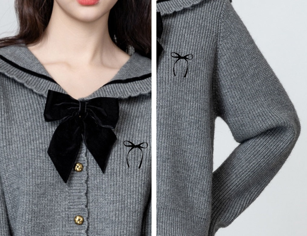 Gray Bow Knit Cardigan Sweater