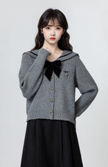 Gray Bow Knit Cardigan Sweater