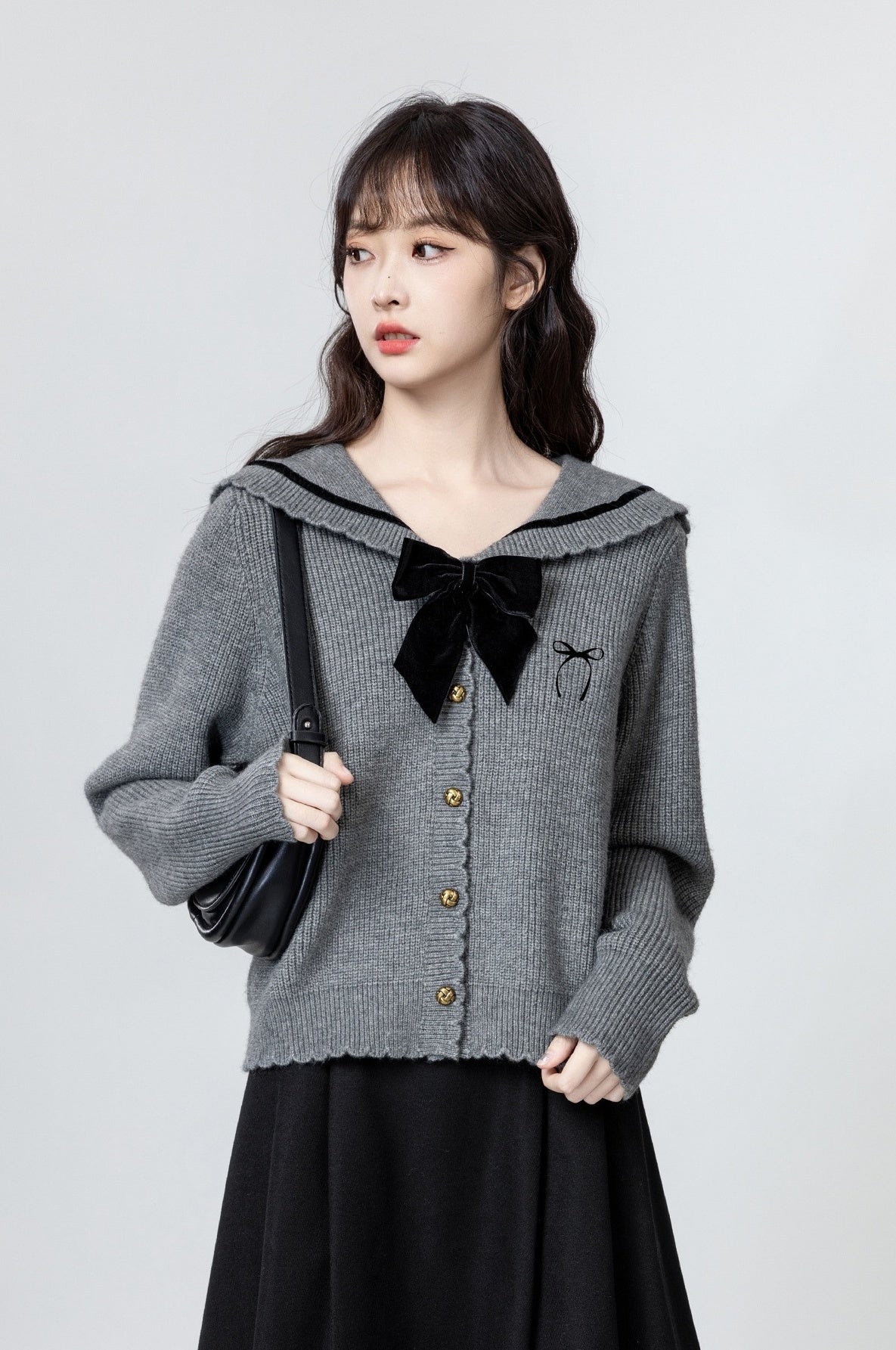 Gray Bow Knit Cardigan Sweater