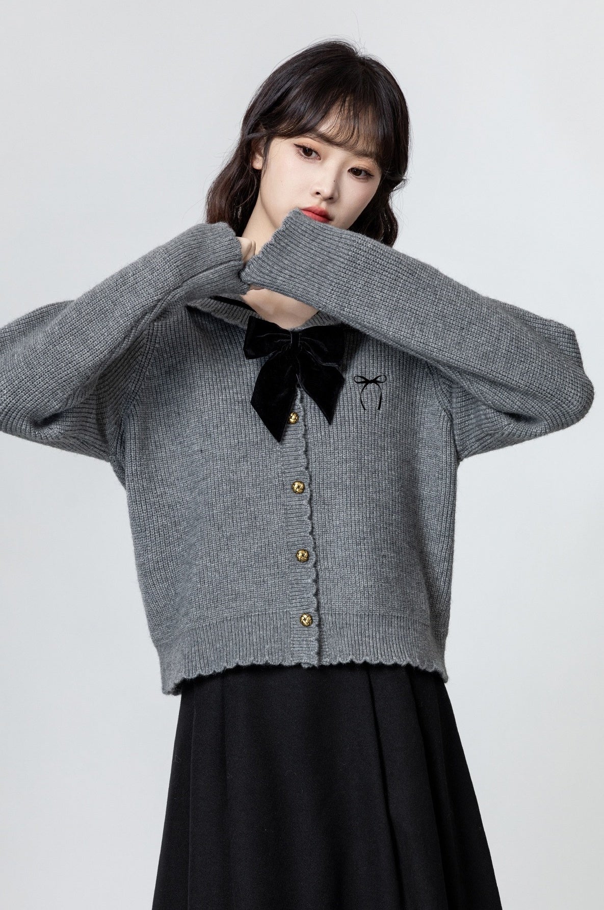 Gray Bow Knit Cardigan Sweater