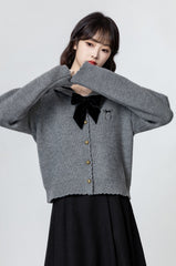 Gray Bow Knit Cardigan Sweater