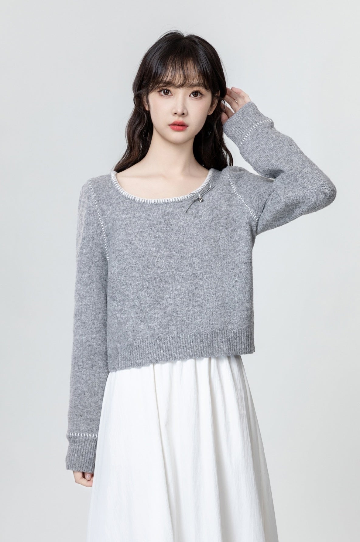 Gray Bow Knit Sweater Top