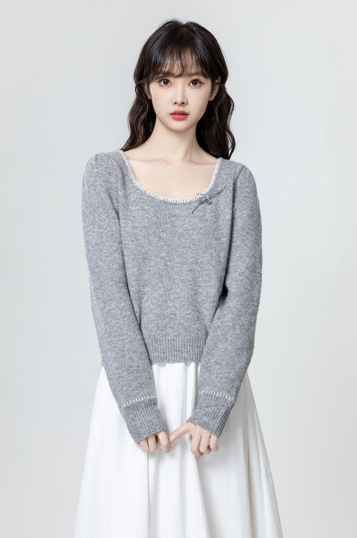 Gray Bow Knit Sweater Top