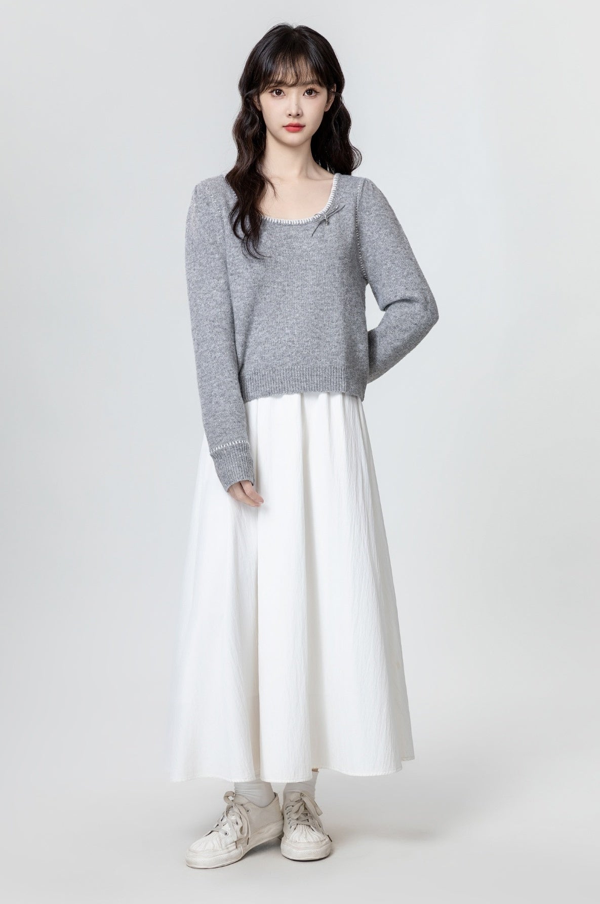 Gray Bow Knit Sweater Top