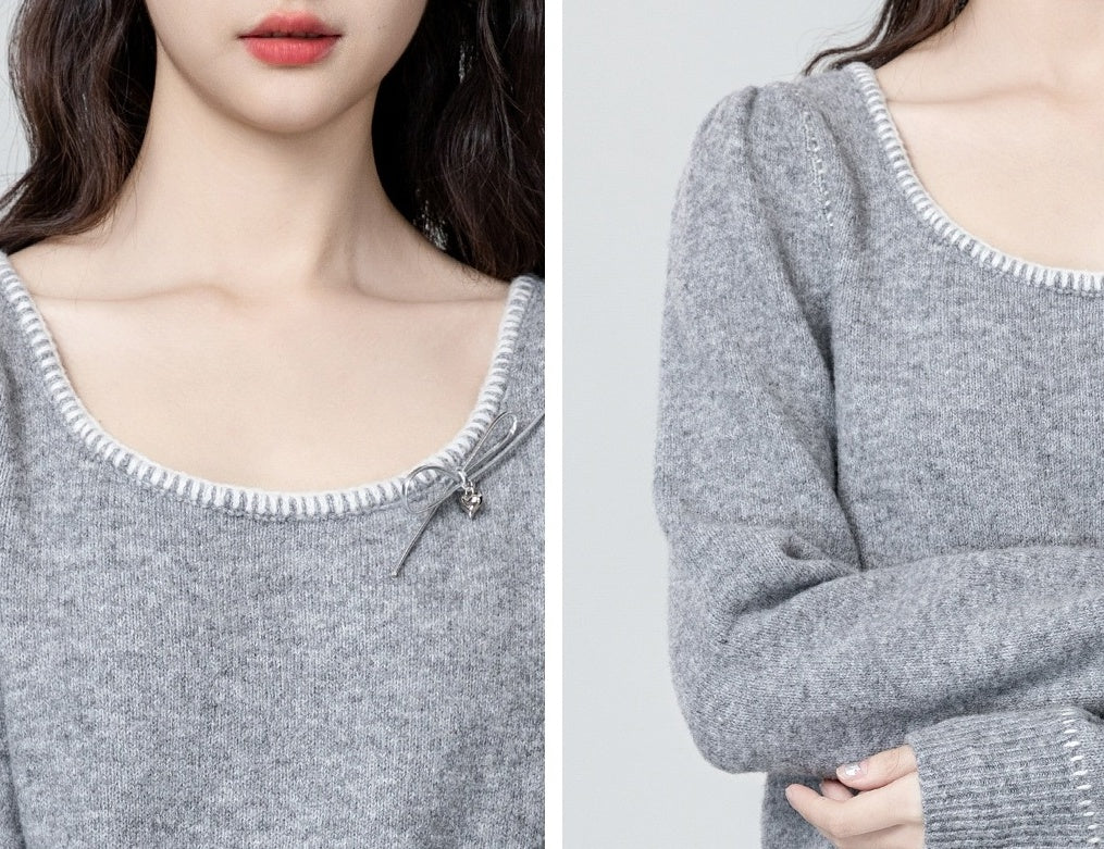 Gray Bow Knit Sweater Top