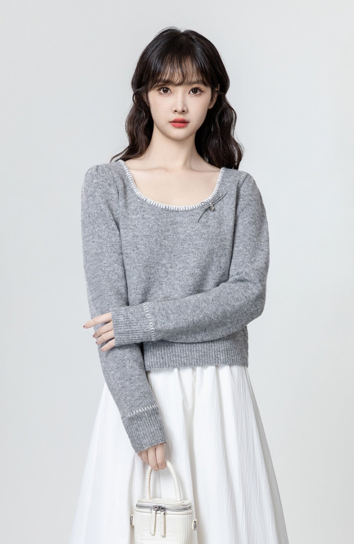 Gray Bow Knit Sweater Top