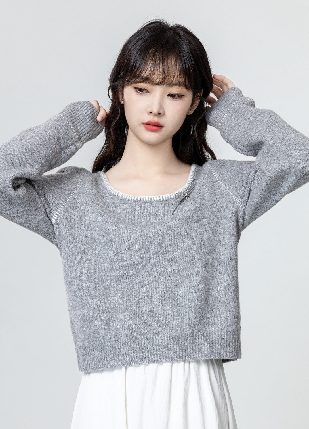 Gray Bow Knit Sweater Top