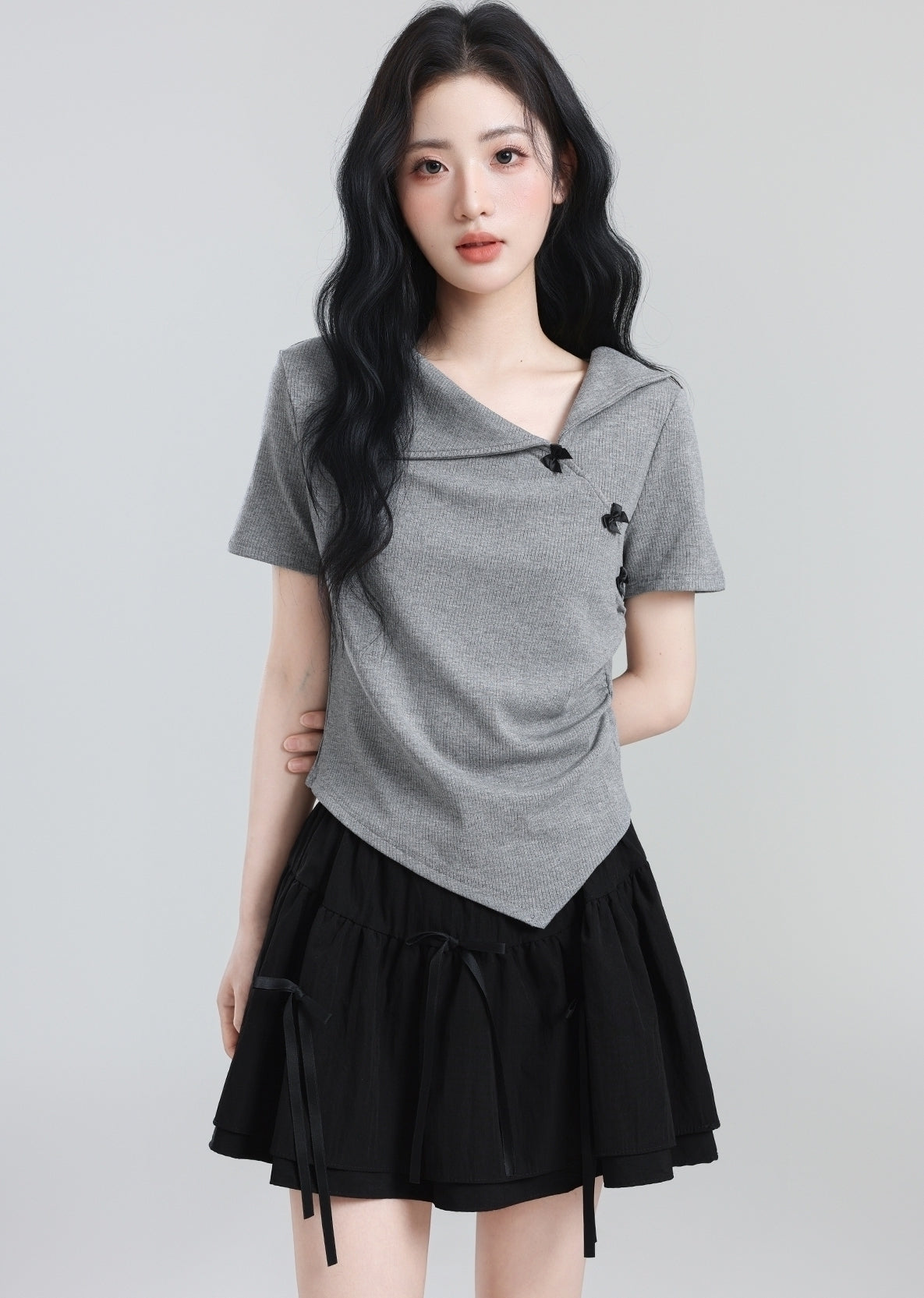 Gray Bow Short Sleeve Irregular Collar Slim Top