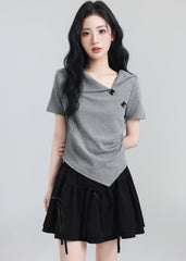 Gray Bow Short Sleeve Irregular Collar Slim Top