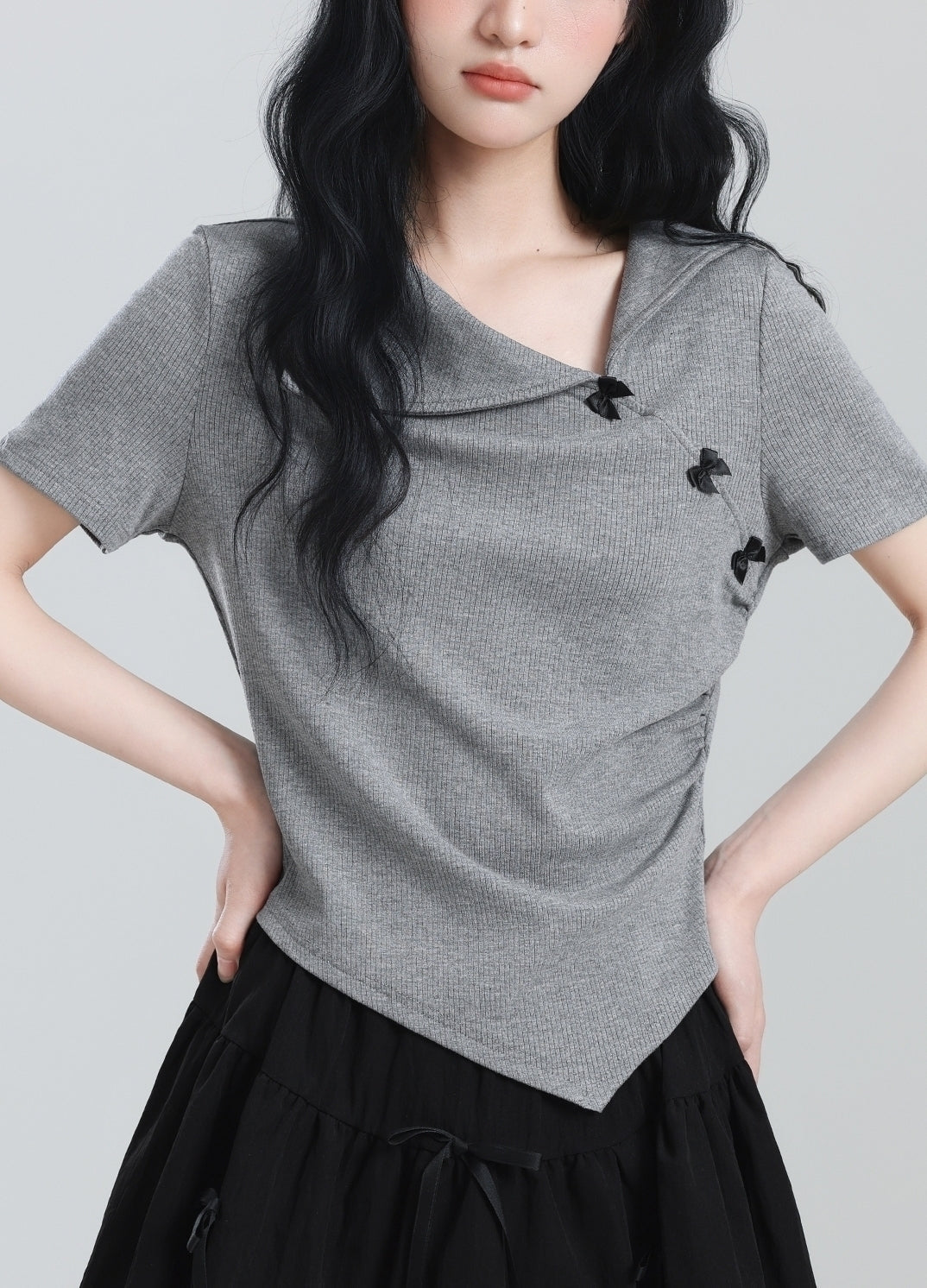 Gray Bow Short Sleeve Irregular Collar Slim Top