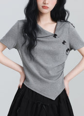 Gray Bow Short Sleeve Irregular Collar Slim Top