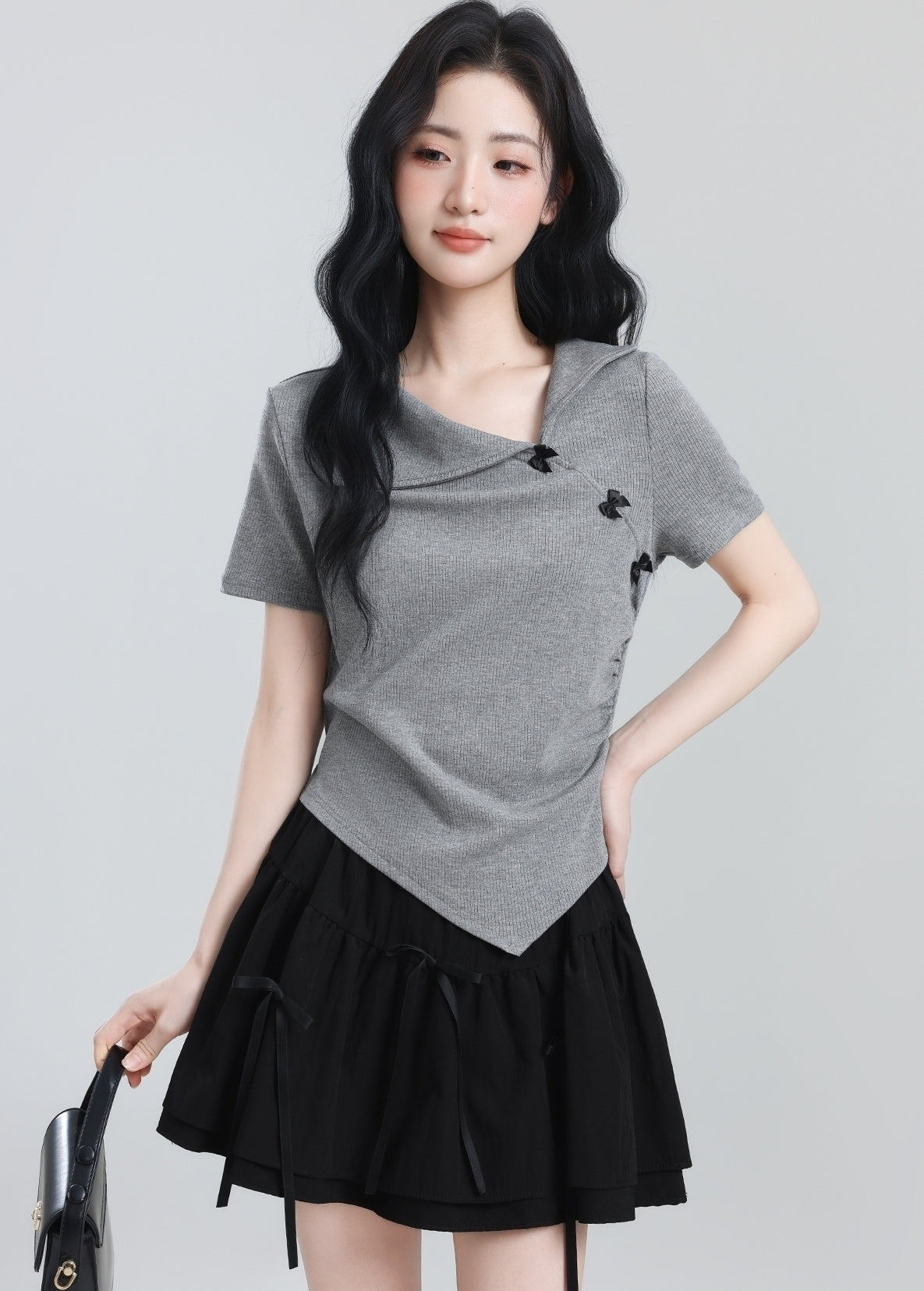 Gray Bow Short Sleeve Irregular Collar Slim Top