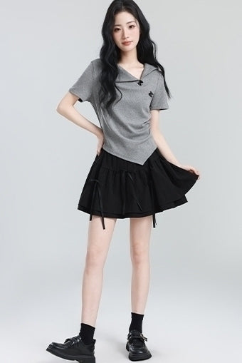Gray Bow Short Sleeve Irregular Collar Slim Top