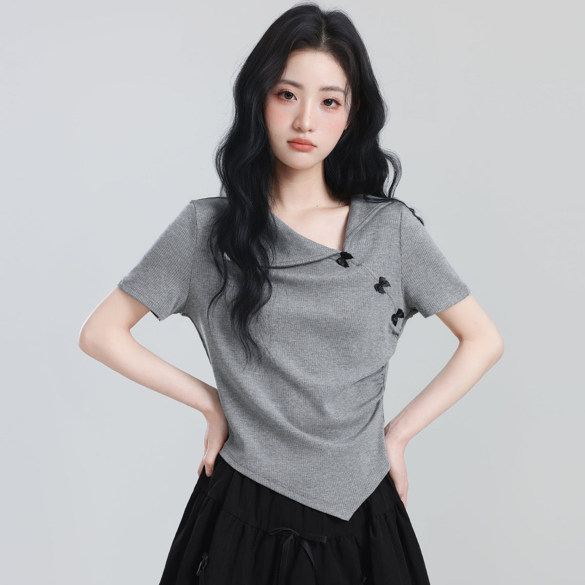 Gray Bow Short Sleeve Irregular Collar Slim Top