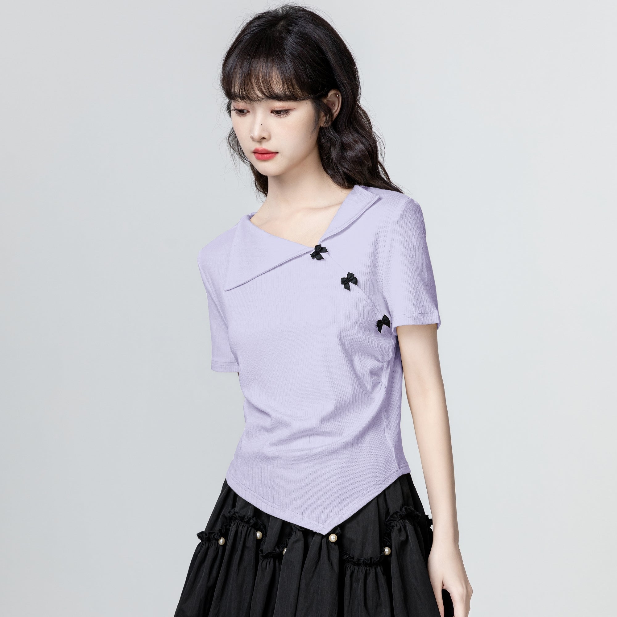 Gray Bow Short Sleeve Irregular Collar Slim Top