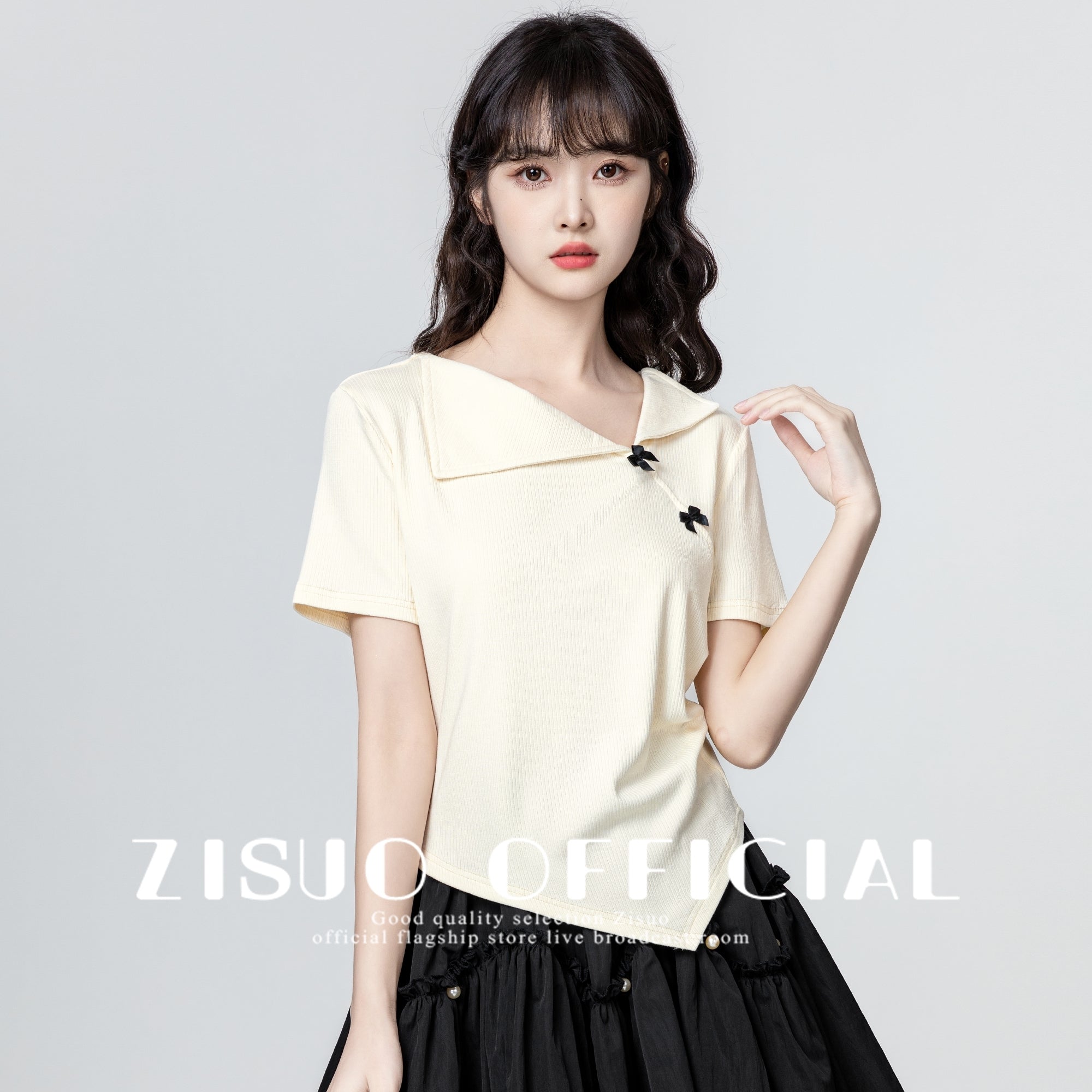 Gray Bow Short Sleeve Irregular Collar Slim Top